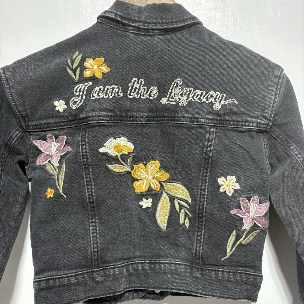 Abercrombie Kids Denim Jacket Girls Kids 9 10 Black Floral Embroidery Cropped